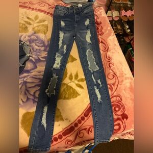 Ripped Skinny Jeans in Dark Blue - Women's Stretch Denim